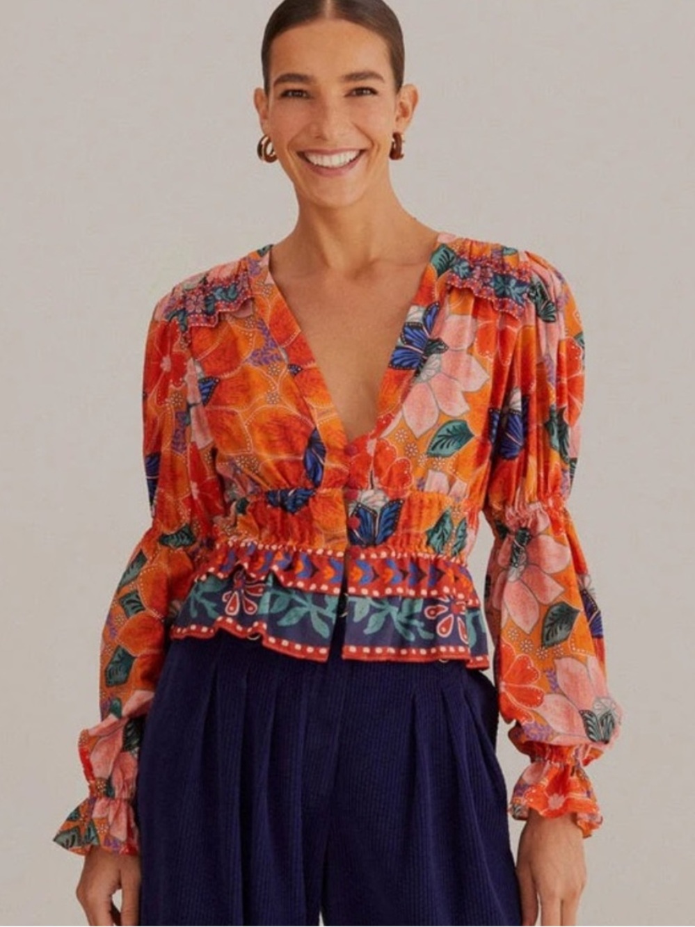 FARM RIO Orange Marias Floral Long Sleeve Blouse Small